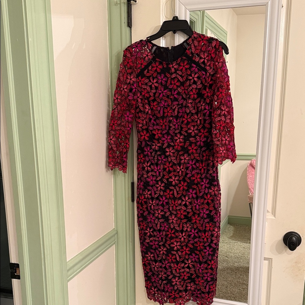 Shoshanna Pink, Red and Black Floral Lace midi Dress